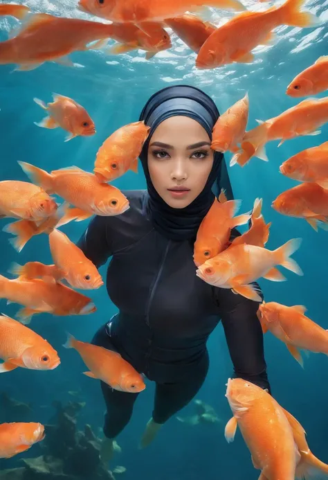 Compose a breathtaking underwater photograph featuring a Malay girl in a hijab and wetsuit, joyfully swimming amidst a large school of colorful fish in the ocean. Capture the fluidity of her swim movement and the genuine happiness on her face as she intera...