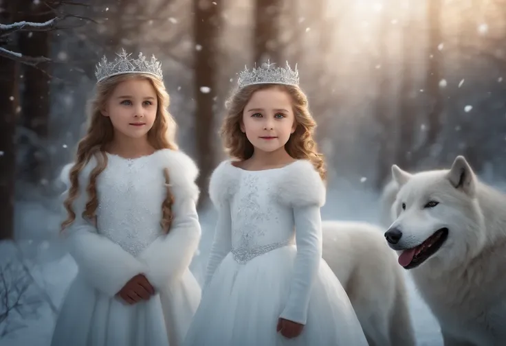 8 YEAR OLD IDENTICAL TWINS WINTER PRINCESSES, WEARING WHITE PRINCESSES DRESSES, WINTER, SNOWING, NATURE, SURRONDED BY WHITE DIREWOLVES, 8K, detailed matte painting, deep color, fantastical, intricate detail, splash screen, complementary colors, fantasy con...