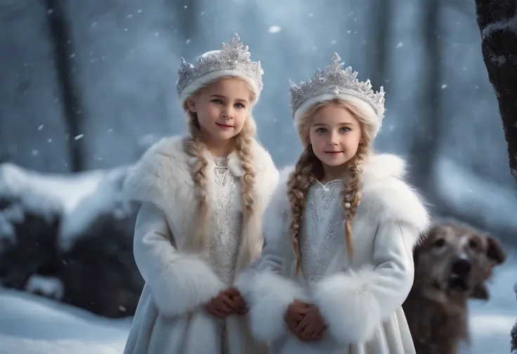 8 YEAR OLD IDENTICAL TWINS WINTER PRINCESSES, WEARING WHITE PRINCESSES DRESSES, WINTER, SNOWING, NATURE, SURRONDED BY WHITE DIREWOLVES, 8K, detailed matte painting, deep color, fantastical, intricate detail, splash screen, complementary colors, fantasy con...