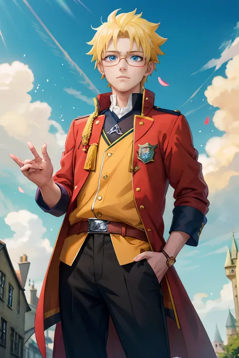 a boy in a gryffindor costume, magical school student uniform, gryffindor style, wearing hogwarts, magic school uniform, hogwarts style,anime boy cosplay, he wears glasses, in hogwarts, anime cosplay, cosplay, short yellow hair,blue eyes, Uzumaki Naruto,co...