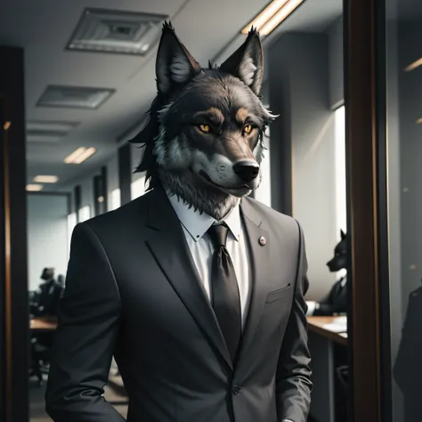 symmetric portrait, black male wolf-headed (gray wolf) man in suit, standing in a business office