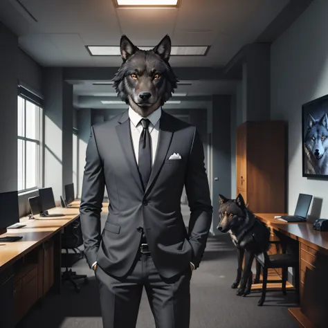 symmetric portrait, black male wolf-headed (gray wolf) man in suit, standing in a business office