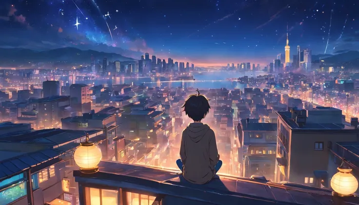 (best quality, highres, realistic:1.37), HDR, (concept art), a boy meditating on the rooftop with a starry sky and mystical lights surrounding him, overlooking the city scene. [Mystical atmosphere], [peaceful], [serenity], [calmness], [tranquility]. The bo...