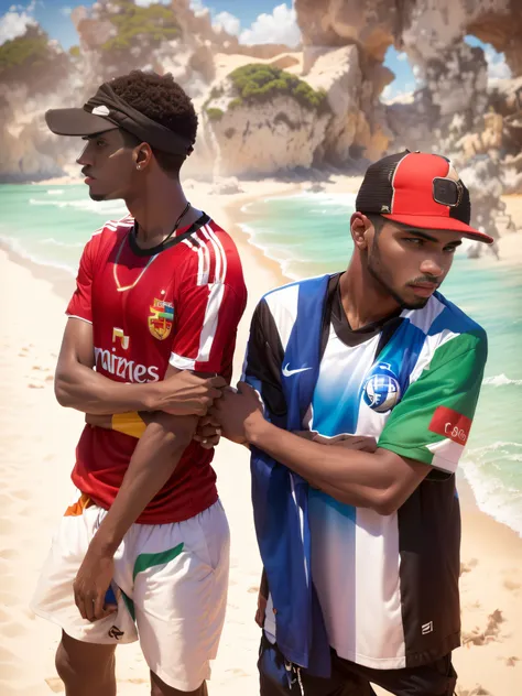 There are two men standing on the beach with a ball, jogar futebol na praia, jogar futebol na praia, editing, por Romain brook, alphonse muca, Photo Session, estilo de vida, dois rapazes, perto da praia, 🕹️ 😎 🔫 🤖 🚬, wearing a volleyball jersey, wearing aut...