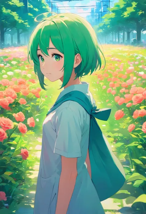 canvas，high qulity，High pixel，Little sister，clothes details，Avant-garde attire，Light green hair，psychedelic style，Colored pupils，Rose garden，Mill windmills，small stream，Character details，Tano