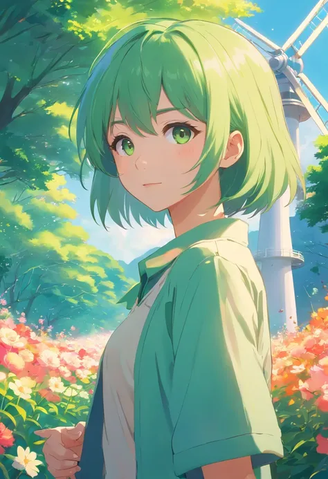 canvas，high qulity，High pixel，Little sister，clothes details，Avant-garde attire，Light green hair，psychedelic style，Colored pupils，Rose garden，Mill windmills，small stream，Character details，Tano