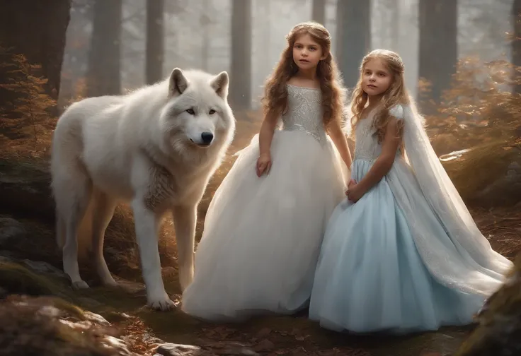 8 YEAR OLD IDENTICAL TWINS WINTER PRINCESSES, WOLVES, WEARING WHITE PRINCESSES DRESSES, WINTER, SNOWING, NATURE, SURRONDED BY WHITE WOLVES,8K, FANTASY, resolution concept art portrait by Greg Rutkowski, Artgerm, WLOP, Alphonse Mucha dynamic lighting hyperd...