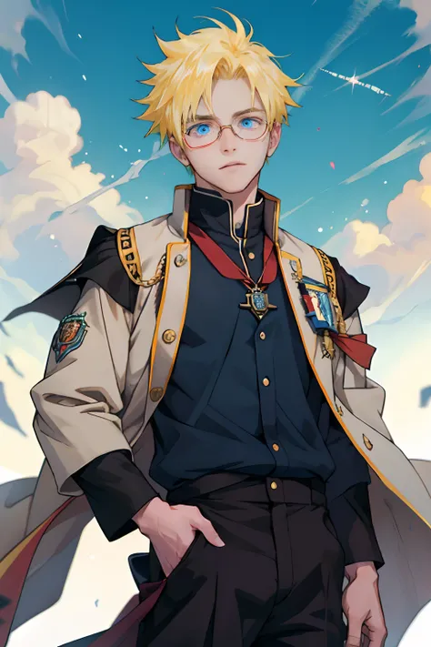 a boy in a gryffindor costume, magical school student uniform, gryffindor style, wearing hogwarts, magic school uniform, hogwarts style,anime boy cosplay, he wears glasses, in hogwarts, anime cosplay, cosplay, short yellow hair,blue eyes, Uzumaki Naruto,co...