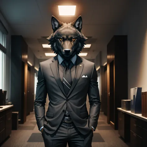 symmetric portrait, black male wolf-headed (gray wolf) man in suit, standing in a business office