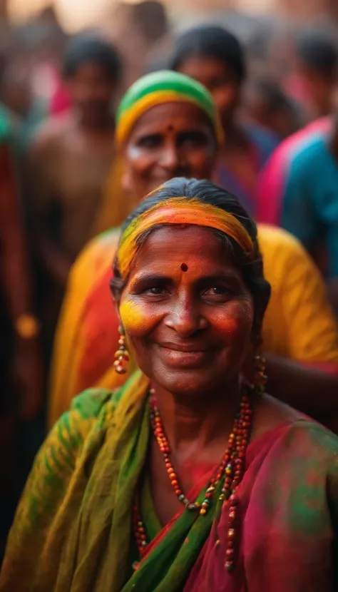 Capture a vibrant Holi celebration, people covered in colorful powders, and vivid expressions of joy