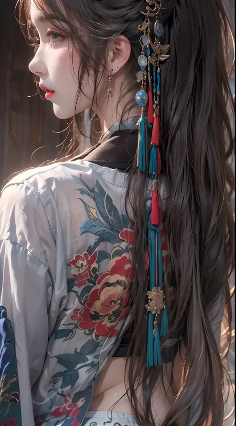 Photorealistic, high resolution, 1 woman, hips up, Beautiful eyes, Long hair, ringed eyes, jewelry, tattoo, hanfu, Chinese fairy, taoist uniform, back view