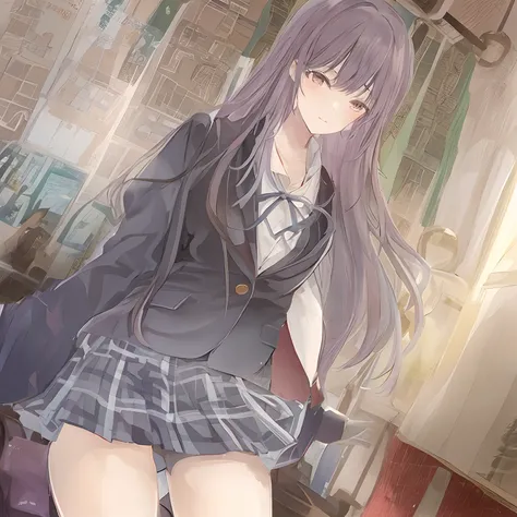 A Japanese high school girl is coming home from school and changing her clothes, exposing her skin.She is wearing a navy blazer, a plaid/checkered skirt, black knee-high socks, and has long pink hair, wearing glasses.The genitals are exposed and conspicuou...