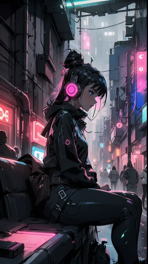 a girl with headphones sitting on top of a building,night, cyberpunk city, neon lights,neon, fog, sketch, stylized, artistic ,ci...