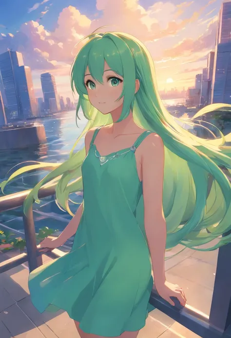 Advancedsense，high qulity，High pixel，Rapunzel sister，clothes details，Dress by the sea，Light green hair，Wandering on the edge of the city，Blue pupil，Sky gardens，Gothic glass，Character details，