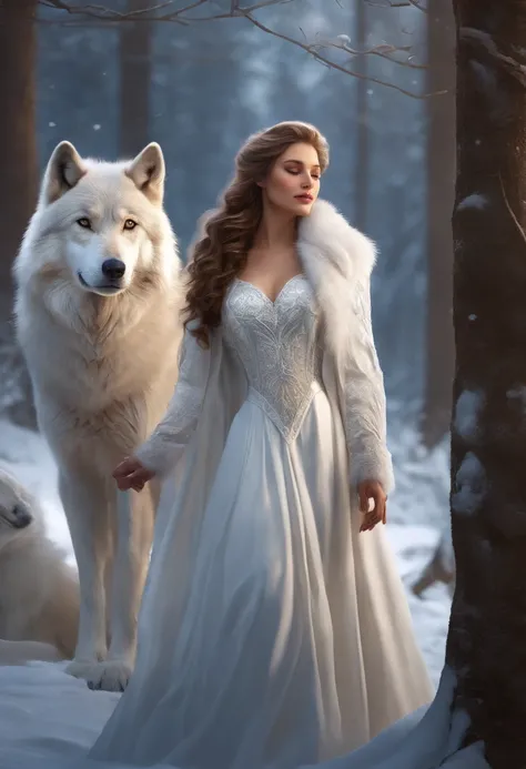 WINTER PRINCESS, WOLVES, WEARING WHITE PRINCESSES DRESSES, WINTER, SNOWING, NATURE, SURRONDED BY WHITE WOLVES,8K, FANTASY, resolution concept art portrait by Greg Rutkowski, Artgerm, WLOP, Alphonse Mucha dynamic lighting hyperdetailed intricately detailed ...