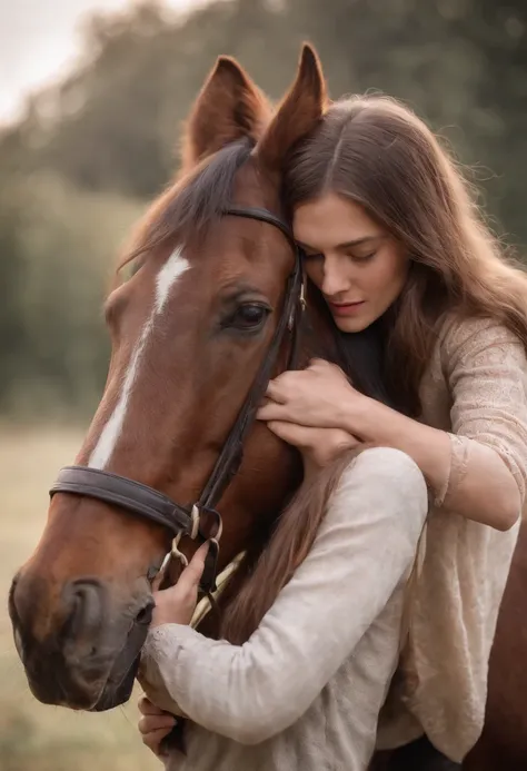 Photo of 20-year-old woman hugging her horse