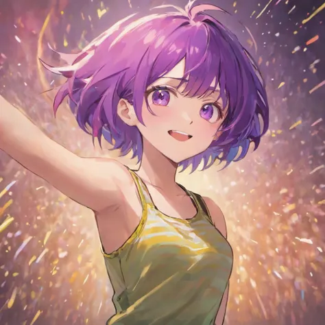 Short purple hair, Girl, presenting armpit, Sleeveless, Open Mount, Smile, (full bodyesbian)