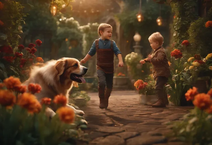 6 YEAR OLD BOYS playing in a garden with dog, detailed matte painting, deep color, fantastical, intricate detail, splash screen, complementary colors, fantasy concept art, 8k resolution trending on Artstation Unreal Engine 5