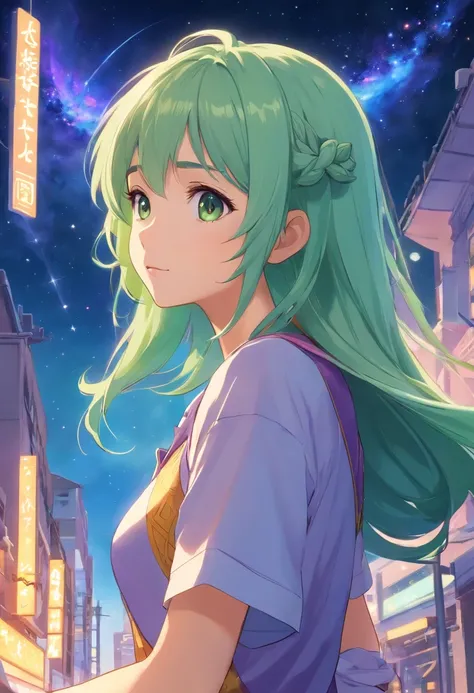 Advancedsense，high qulity，High pixel，Rapunzel sister，clothes details，Hipster attire，Light green hair，Sky loft，Starry Sky Top，Character details，Cosmic elements