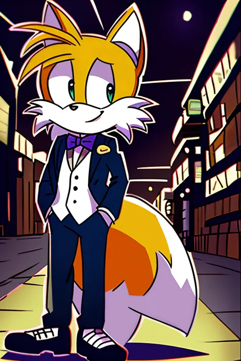 tails the fox wearing tuxedo, in the city, at night, happy, hands on his pockets, intricated details, masterpiece, anime style, sen no kiseki style, 8k