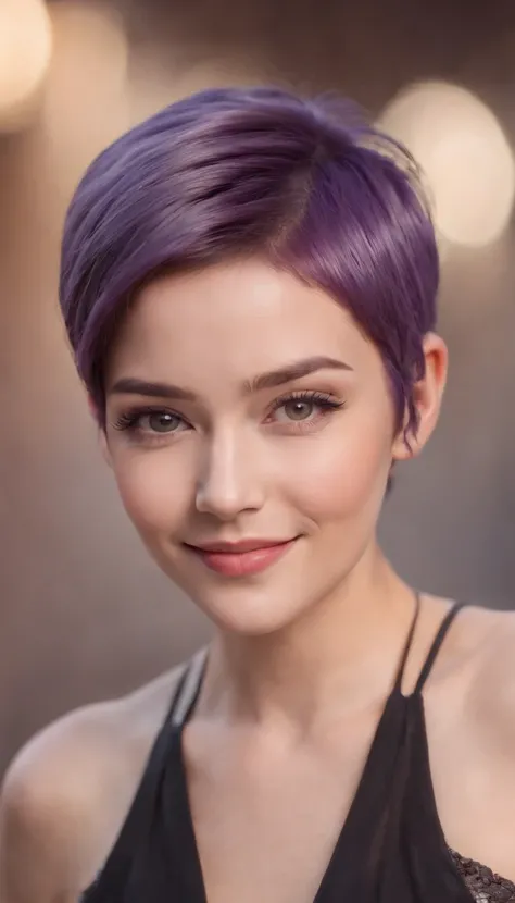 Short purple hair, Girl, presenting armpit, Sleeveless, Open stand, Smile, (full bodyesbian)