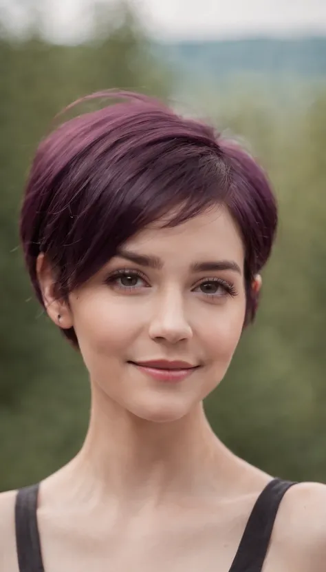 Short purple hair, Girl, presenting armpit, Sleeveless, Open stand, Smile, (full bodyesbian)