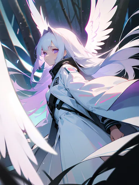 1girl, long white hair, violet eyes, wearing a white jacket, white skirt, angel wings, serious, forest, absurdres, high res, ultrasharp, 8k, masterpiece