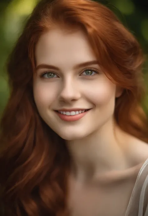 endearing smile, pouty lips, Woman about 18 years old, natural red hair, Characteristic brown eyes, fine facial traits, slender and graceful, beatiful face, ultra sharp focus, realistic shot