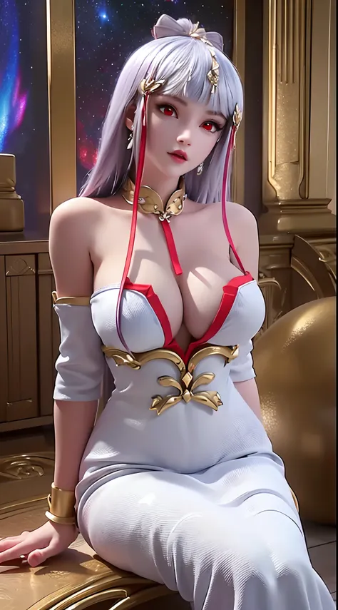 "A beautiful 20 year old young woman, (((sexy slim dress:1.6))), the body is balanced and plump, white dress with red trim, platinum hair color, platinum bangs, the most beautiful and detailed hair jewelry, extremely round shape and face beautiful, thin ey...