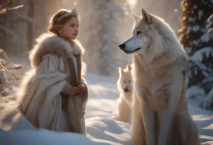 5 YEAR OLD WINTER PRINCESSES, SIBLINGS, WOLVES, WEARING WHITE PRINCESSES DRESSES, WINTER, SNOWING, NATURE, SURRONDED BY WHITE WOLVES,8K, FANTASY, resolution concept art portrait by Greg Rutkowski, Artgerm, WLOP, Alphonse Mucha dynamic lighting hyperdetaile...