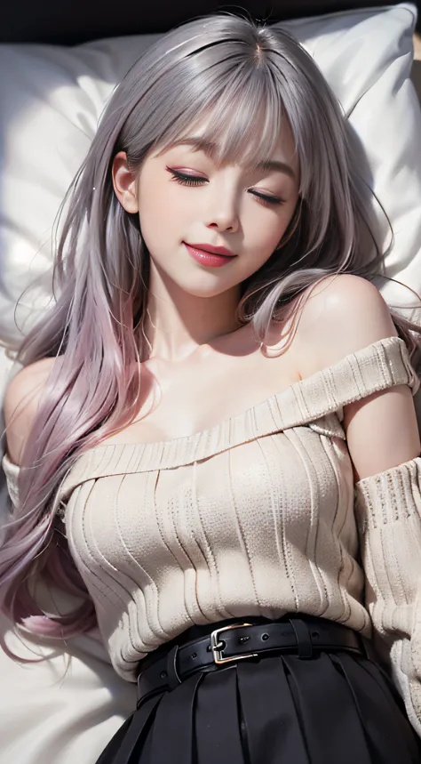 （Woman lying on bed）1 girl, Silver hair, striated hair, Bangs, Blunt bangs, Long hair, Pink hair, aqua eyes, ((Eyes closed)）, makeup, Smile, Parted lips, Realism, Verism, surrealism, depth of fields, One-person viewpoint, F/1.8, 135 mm, canon, nffsw, retin...