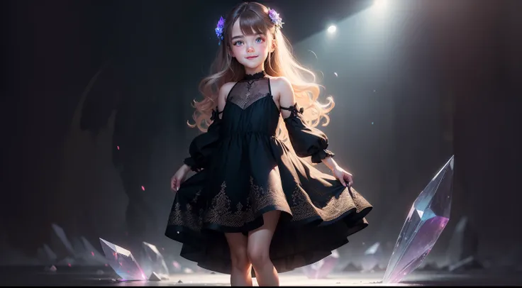 Very beautiful 7 year old girl, glowing eyes, full body portrait, wearing a discreet dress, zoom, sexy face, sexy eyes, smiling mouth, glowing eyes, crystal eyes, super realistic, super detailed