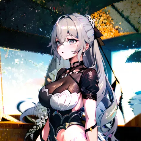 best quality, masterpiece,white hair, gold eyes,white clothes, looking up, upper body,hair strand,Fair skin,side braids