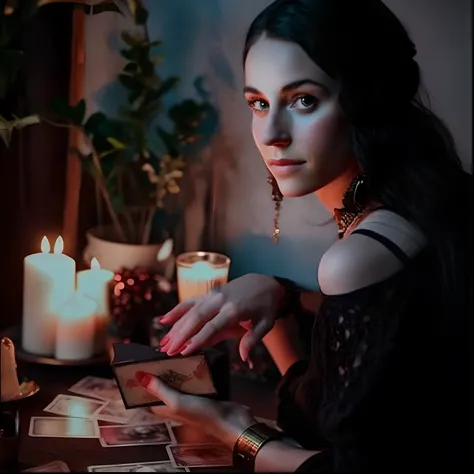 a woman sitting at a table with a candle and a card, com poderes de magia negra, spell casting, bruxa pagando por seus pecados, black magic spells, gorgeous stella maeve magician, Bela Stella Maeve Magician, Home Wicca Scene, as a tarot card, com preto. ma...