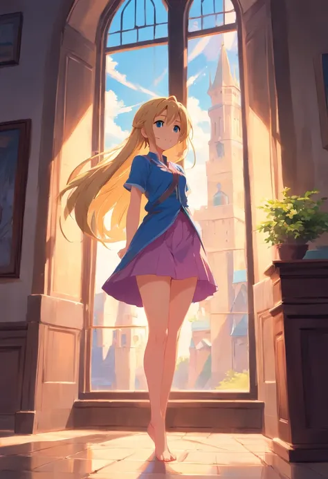 Advancedsense，high qulity，High pixel，Rapunzel sister，clothes details，medieval dress，light colors hair，Sky loft，Character details，Chest D cup，By the castle window，short  skirt，slender thigh，Makoto Shinkai painting style，Chalk painting