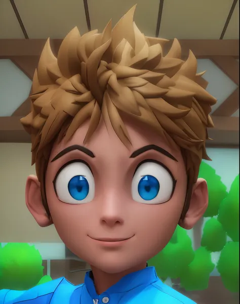 there's a cartoon boy with blue eyes and a blue shirt, personagem de close up, 3d estilizado, avatar com um cabelo loiro, 3 d re...