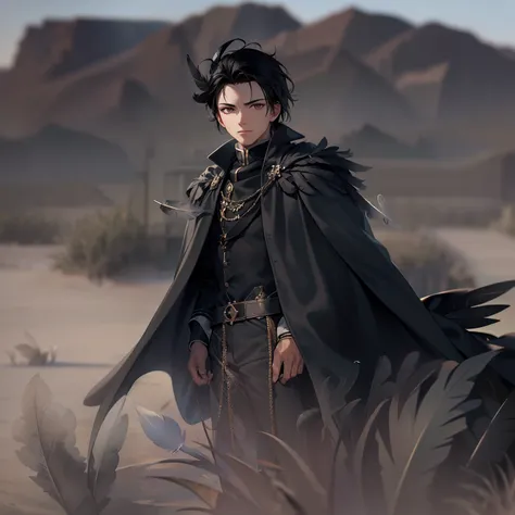 Young man, black hair, gray eyes, ((black old clothes)), (((feather cape))), (collars), solo, in a desert, looking at the viewer,cowboy shot, masterpiece