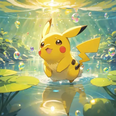 A touching scene in ultra-high definition 3D showcasing Pikachu making a wish beside a tranquil lake. Pikachu, beautifully rendered in detail, is seen gently blowing bubbles into the air, each one carrying a hopeful wish. The bubbles catch the reflection o...