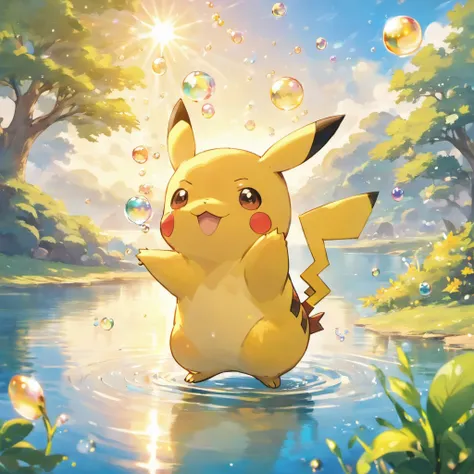 A touching scene in ultra-high definition 3D showcasing Pikachu making a wish beside a tranquil lake. Pikachu, beautifully rendered in detail, is seen gently blowing bubbles into the air, each one carrying a hopeful wish. The bubbles catch the reflection o...