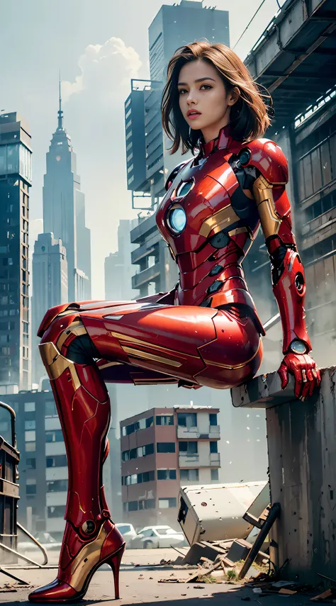 avengers woman in red and gold suit posing on a ledge, inspired by marek okon, wojtek fus, by marek okon, artgerm 4 k, graphic a...