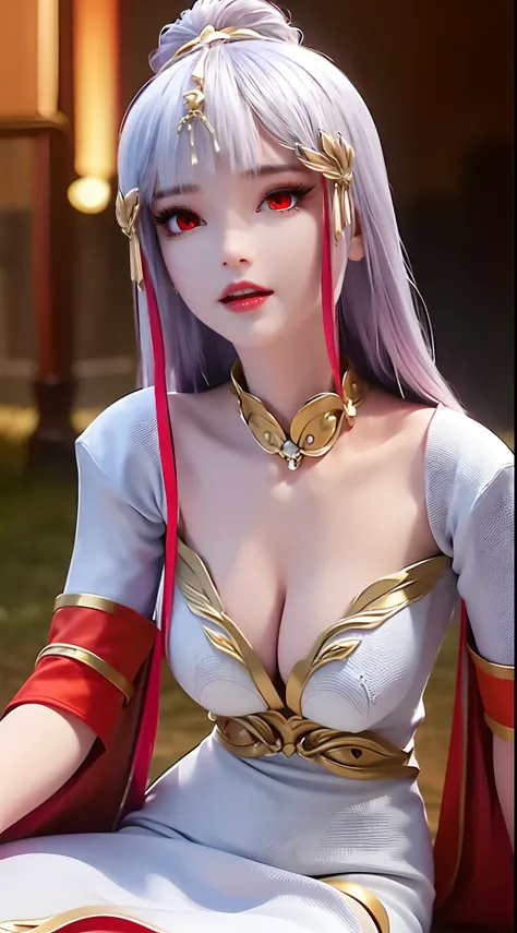 "A beautiful 20 year old young woman, (((sexy slim dress:1.6))), the body is balanced and plump, white dress with red trim, hanfu style, platinum hair color, platinum bangs, the most beautiful and detailed hair jewelry, extremely round shape and face beaut...