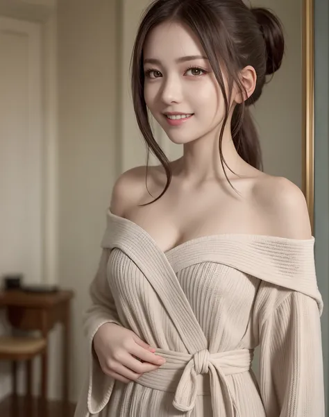 (Best Quality), (masutepiece), (High resolution), (Intricate details:0.2),(Professional Lighting), dressing gown, Detailed background,off shoulders, (Previous view), 1girl in, Solo, (Beautiful face),  Slim body, Fine skin, Smile, brown hair in a ponytail, ...