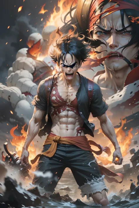 Design a gripping poster featuring Luffy from "One Piece" in a fit of rage. Capture the essence of his burning determination and unyielding spirit as he unleashes his wrath upon his enemies. Keep it short, bold, and intense to convey the raw power of Luffy...