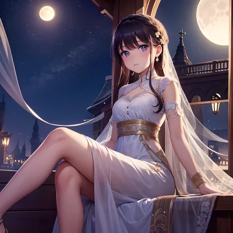 1 girl sitting in a gazebo with beautiful dress and beautiful embroidery in it, looking towards with a sad eyes, beautiful moon, beautiful scene of night --auto