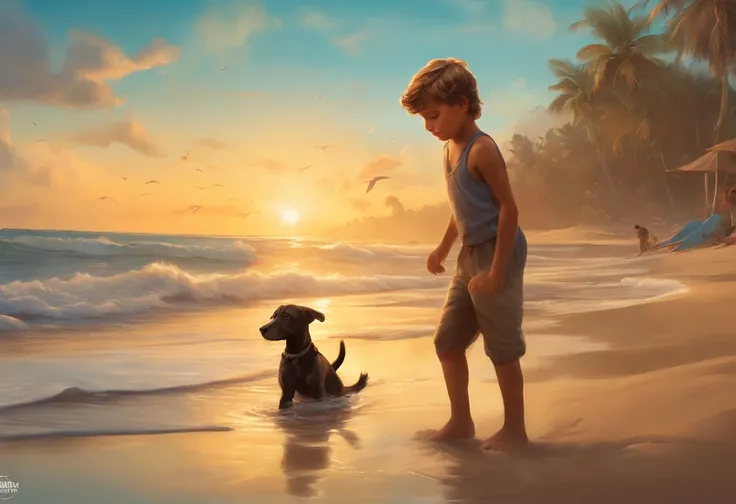 6 YEAR OLD BOYS playing AT THE BEACH with dog, deep color, fantastical, intricate detail, splash screen, complementary colors, fantasy concept art, resolution concept art portrait by Greg Rutkowski, Artgerm, WLOP, Alphonse Mucha dynamic lighting hyperdetai...