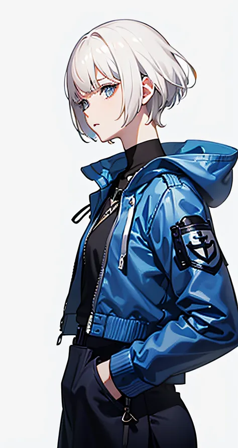 white  hair　short-cut　Blue jacket　Cosplay　white backgrounid　simple background