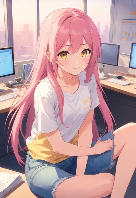 A pink long-haired beauty in a white t-shirt and yellow jeans sitting in the office is happy