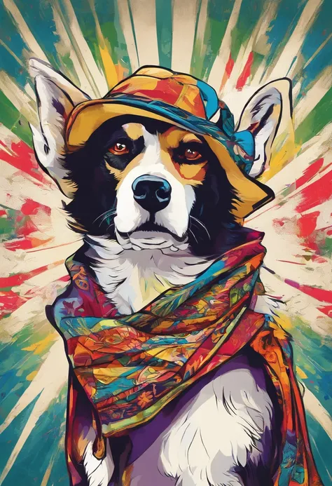 a painting of a dog wearing a hat and scarf, trending on art station, Vestido com roupas punk, detailed hyper-realistic rendering, British gang member, estilo de rua, pose intimidadora, Planeta dos Gatos, roupas com moda, samurai urbano, miau, West Slavic ...