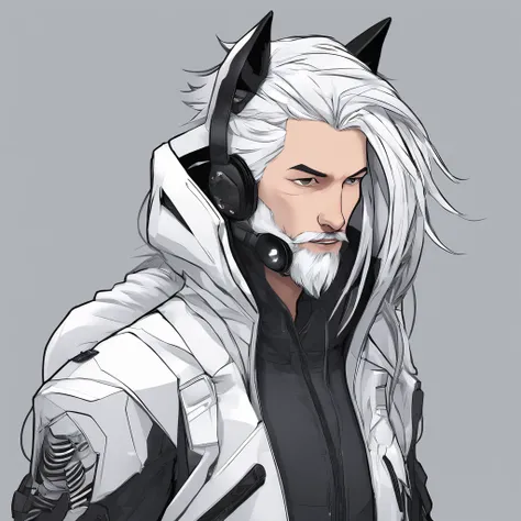 male with wolf ears and a wolf tail, long white hair with flowing long locks, has light beard, shirtless, wearing fingerless gloves, wearing worn jeans, is sweaty