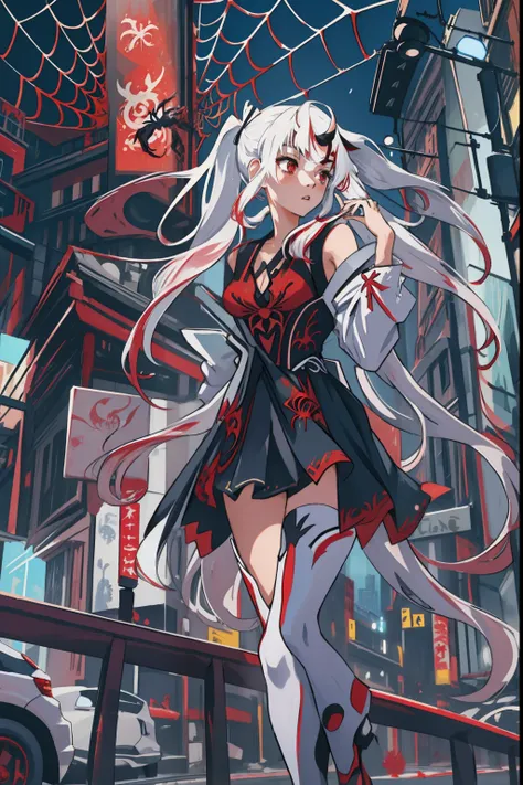 (masterpiece, best quality),  intricate details, 8k, artstation, wallpaper, official art, splash art, sharp focus,
1girl,  Nakiri Ayame, long hair, twintails,  red eyes, white hair, 
 spider suit, spider web print, spider web,  
skyscrappers, city, buildin...